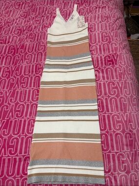 Striped Rib-Knit Midi Dress in White, Tan & Gray
